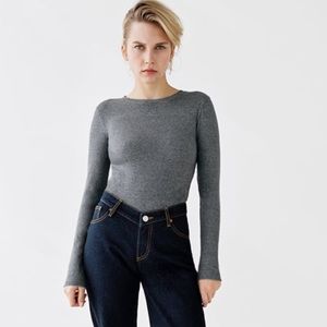 Zara Gray Ribbed Long Sleeve Bodysuit